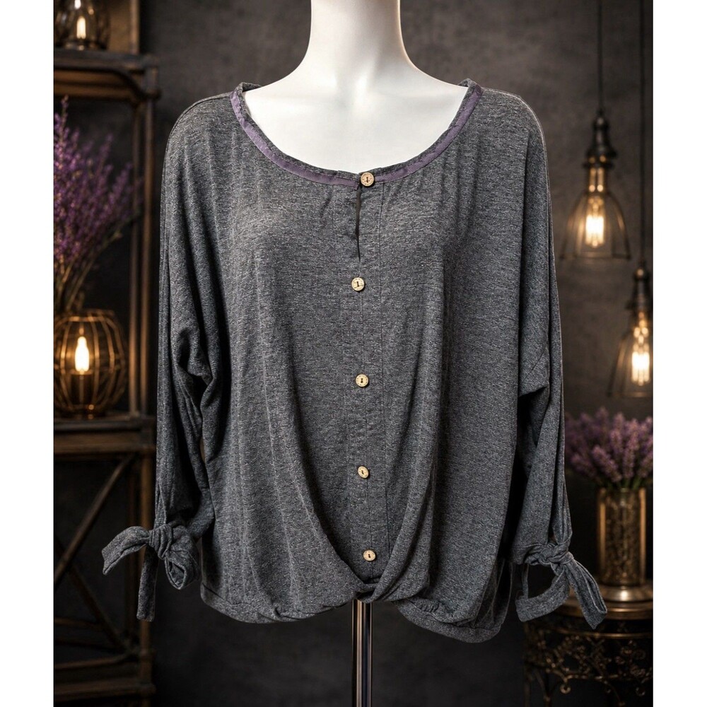 Annabelle Oversized Gray Knit Button Front Tie Sleeve Top Women’s Small